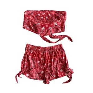 ASOS Red Paisley Print Tie Front Crop Top + Shorts Set Size Small